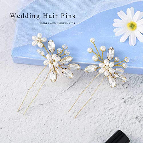 JAKAWIN Bridal Pearl & Crystal Hair Pins, Gold Wedding Hair Accessories Set of 2
