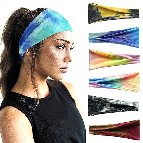 FULZTEY Style 71 Boho Tie Dye Headbands for Women, 6-Pack Yoga & Workout Hair Accessories