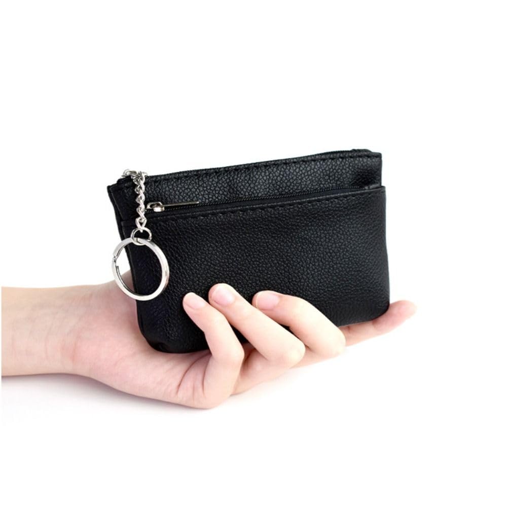 Mini Change Purse with Key Ring Small Zipper Short Wallet Card Pocket PU Leather Coin Purse Outdoor(black)