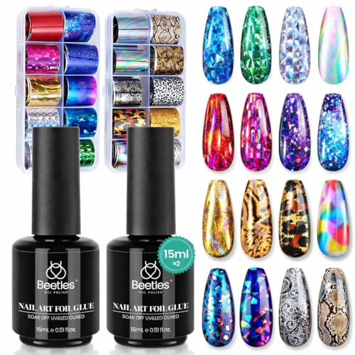 Beetles Nail Foil Art Kit - 20 Holographic Stickers & 2 Foil Glue Gels