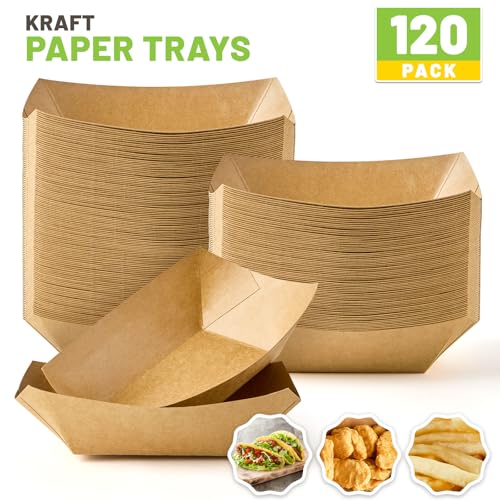 ZORRITA 120 Pack Mini Brown Kraft Paper Food Trays - Grease Resistant, Disposable Serving Boats for Snacks, Tacos, Nachos