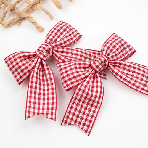 Handmade Red White Gingham Hair Bows - 2PCS Non-Slip Clips