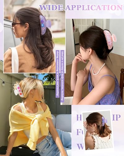 WELROG Floral Print Acrylic Hair Claw Clips - 3 Pack (Pink, Off-White, Purple) | 3.78" Stylish Hair Accessories for Thick Hair