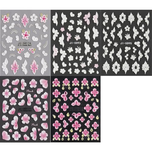 5D Embossed Flower Nail Stickers - Pink & White Floral Decals