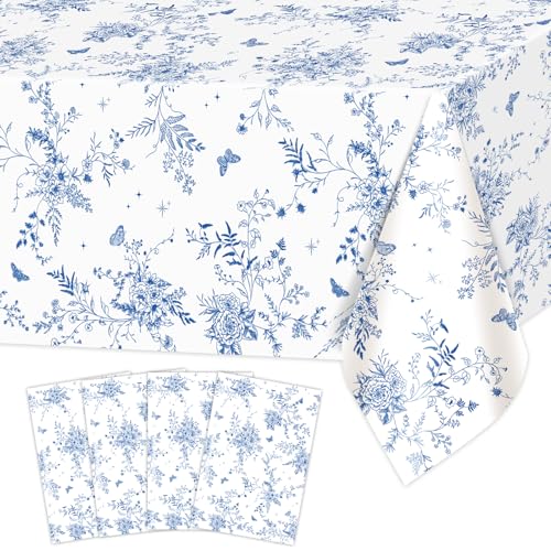 Blue Floral Tablecloths - 4 Pack, Disposable & Waterproof - 108x54 in