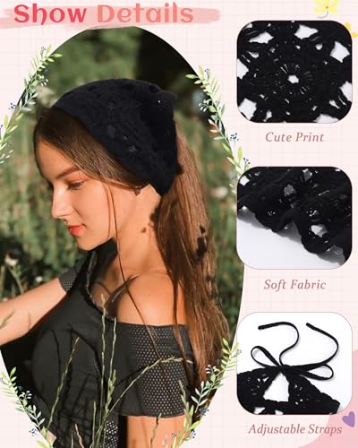 Boho Crochet Hair Bandanas for Women - Black & Red (2 Pcs)