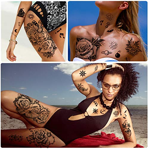 Yazhiji Black Waterproof Temporary Flower and Butterfly Tattoo Sheets for Women & Girls