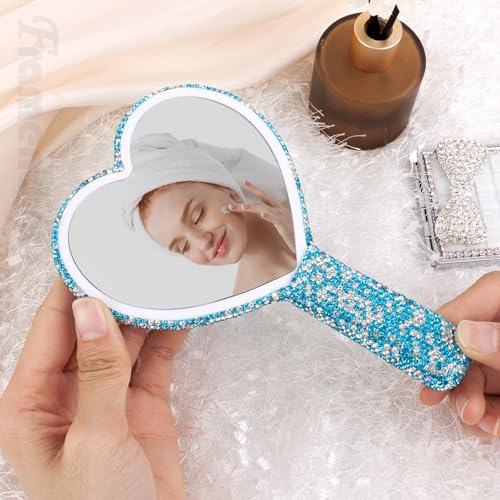 Framendino Blue Rhinestone Handheld Mirror 6.5" Heart Design