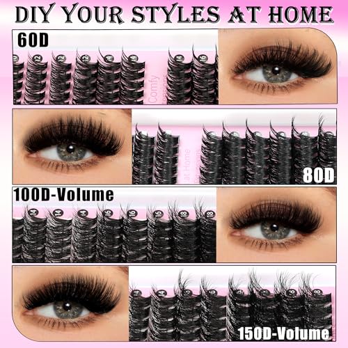 YIDUO 4 Styles Lash Clusters Kit 60D+80D+100D+150D Volume Clusters Lashes Extensions Kit with 2 X Bond and Seal 10-18mm Wispy D Curvature Full Individual Eyelash Extensions Kit DIY at Home Easily