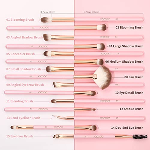 docolor Pink Eyeshadow Brush Set 15Pcs for Eye Makeup, Blending & Detail Work