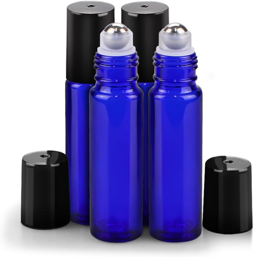 Essential Oil Roller Bottles - 4 Pack 10ml Amber Glass with Stainless Steel Caps | Travel Perfume & Lip Gloss