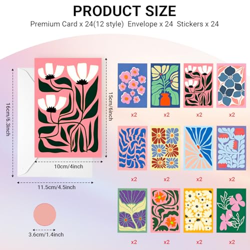 24 Pack Blank Greeting Cards with Envelopes & Stickers - 4x6 Inch Abstract Floral Designs