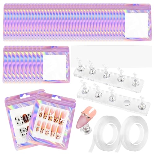 Press-On Nail Stand & Packaging Bag Set - 50 PCS Aurora Pink Storage Kit