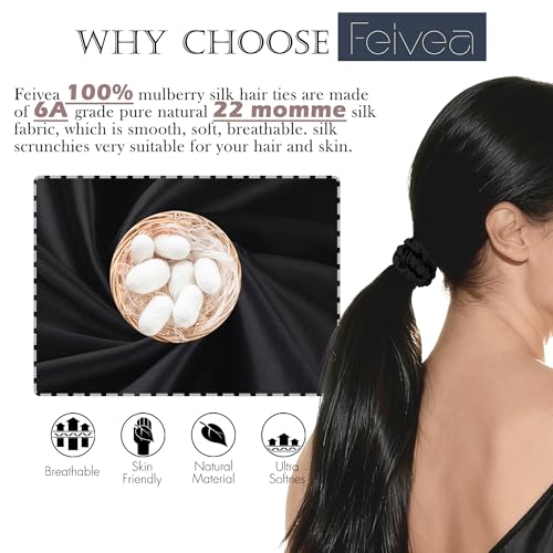 Feivea Black 6 Pack 22 Momme 100% Mulberry Silk Hair Ties Scrunchies Women
