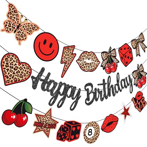 Y2K Red Cheetah Print Happy Birthday Banner - Pre-Strung Garland