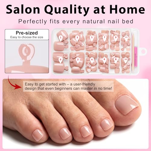 LuckForever Nude Press On Toenails 120pc Short Square Glue-On Kit for Women