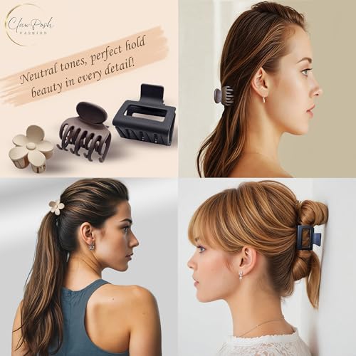 Clawposh 12-Pack Small Hair Clips for Women - Neutral Matte Mini Claw Clips for Thin & Short Hair, Rectangle & Flower Styles, 1.5-2 Inch, Variation Khaki Beige Brown Black