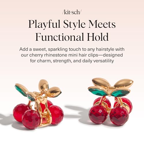 Kitsch Cherry Mini Hair Clips with Rhinestones - 2pcs