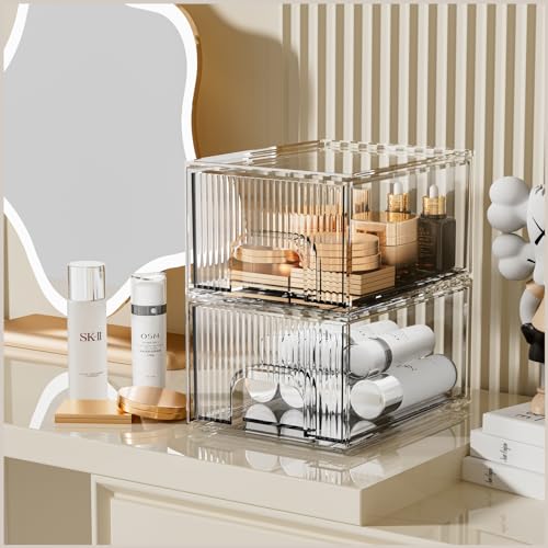 ZHIAI 2 Short Pack Clear Stackable Cosmetic Organizer - Acrylic Drawer Storage for Makeup, Vanity, Kitchen