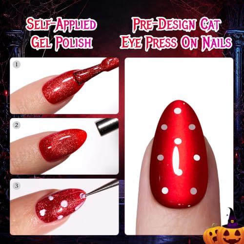Beetles Polka Ruby Short Almond Press-On Nails - Halloween Cat Eye