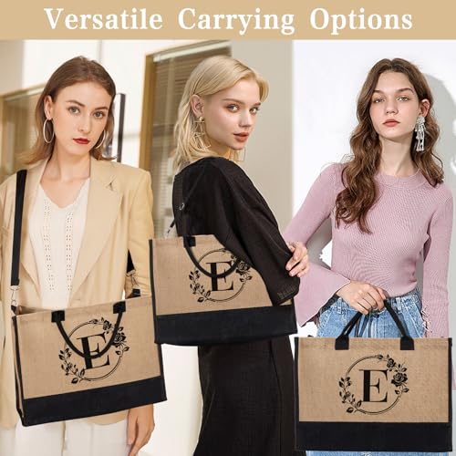 Monogrammed Initial Jute Tote Bag E - Personalized Beach Bag for Women
