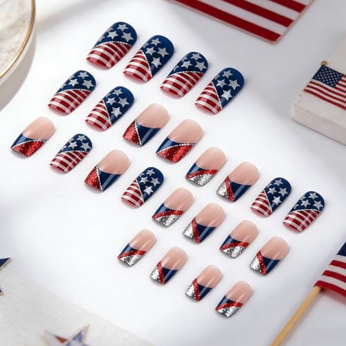 UPABLUNSO Stars Silver Glitter Lines 4th of July Press-On Nails Medium Square Fake Nails French Tips