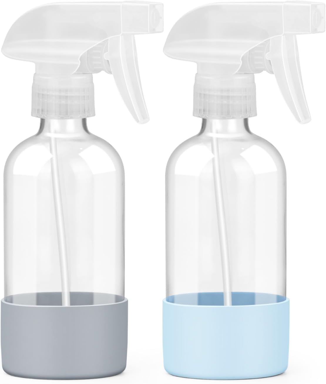 Glass Spray Bottles - 8 oz Refillable Containers with Silicone Sleeve Protection | Adjustable Nozzles in Blue & Grey