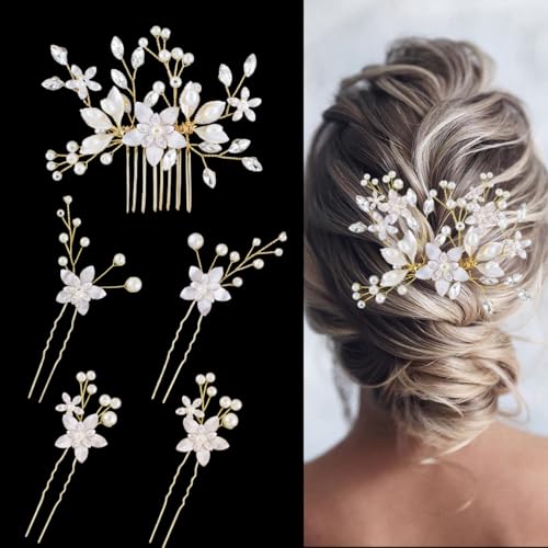 IAXSEE 5 Pcs Bridal Flower Hair Pins with Crystals & Pearls for Wedding & Bridesmaids