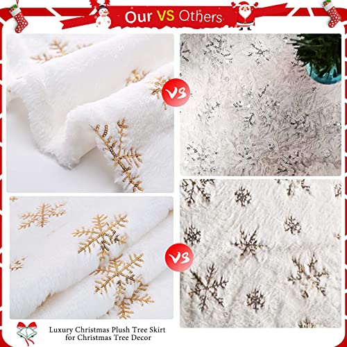 24 Inch White Faux Fur Christmas Tree Skirt with Gold Snowflakes