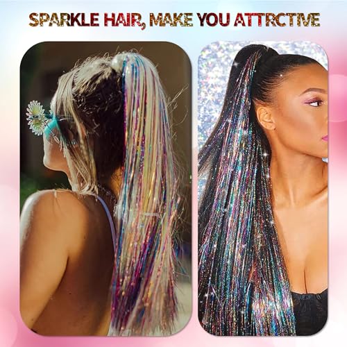 ONROCL 12Pcs 24 Inch Hair Tinsel Clip-in Extensions - Colorful Glitter for Festivals