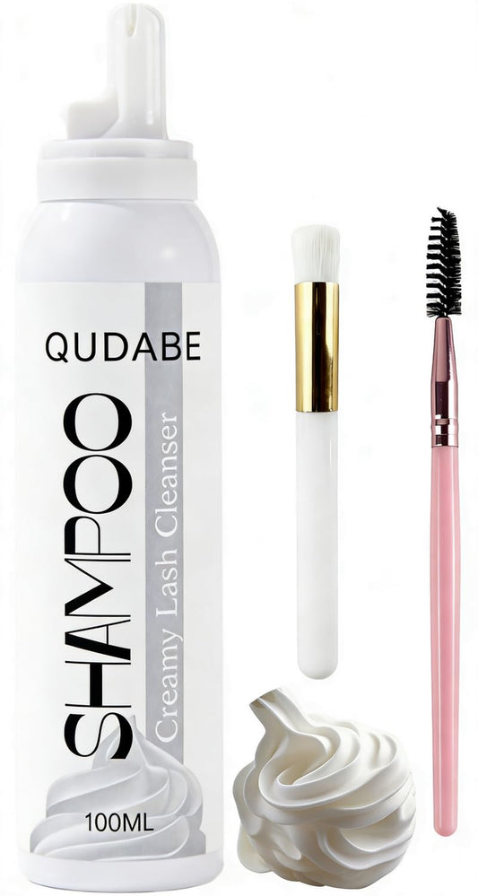 QUDABE Whipped Lash Shampoo Kit, Eyelash Cleaner for Extensions, 100ml Lash Soap, Gentle Eyelash Extension Cleanser, Eyelid Foam Cleaning with Lash Wash Brush (White, Unscented)