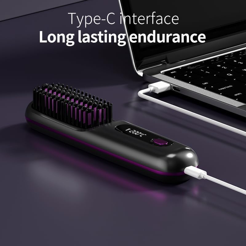 Go Brush Pro Cordless Straightening Brush for Short Hair - Fast Heat, 3 Temp Settings, Ionic & Ceramic Care | USB-C Rechargeable (Purple)