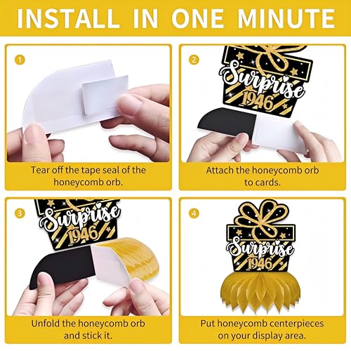 80th Birthday Decorations - 9-Piece Black & Gold Honeycomb Centerpieces