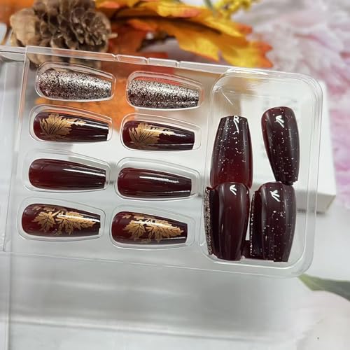 Gold Fall Maple Leaf Press on Nails Medium Coffin 24 Pcs Autumn Thanksgiving