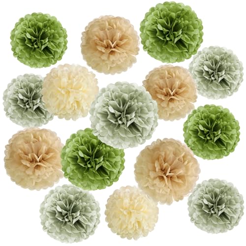 Sage Green Tissue Paper Pom Poms - 15 PCS for Baby Showers & Weddings