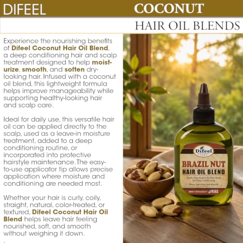 Difeel Coconut Hair Oil Blend - 2-Pack, 7.1 oz for All Hair Types