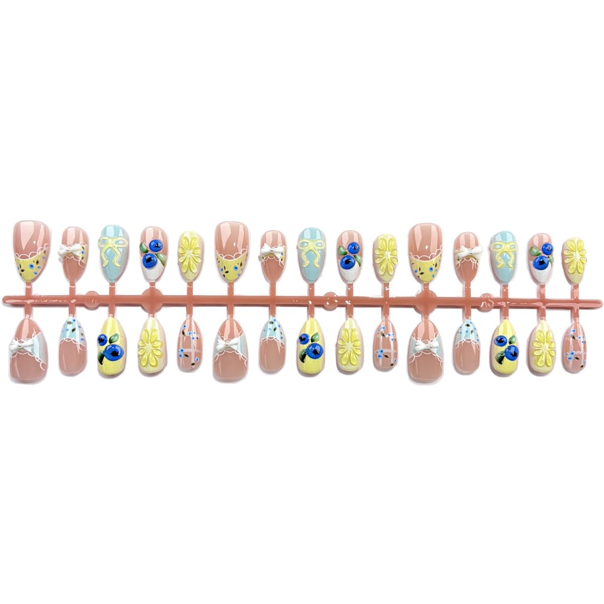 Press-On Almond Nails - Blue & Yellow Fruit Design | Reusable 30-Piece Nail Kit for Spring & Summer Manicure