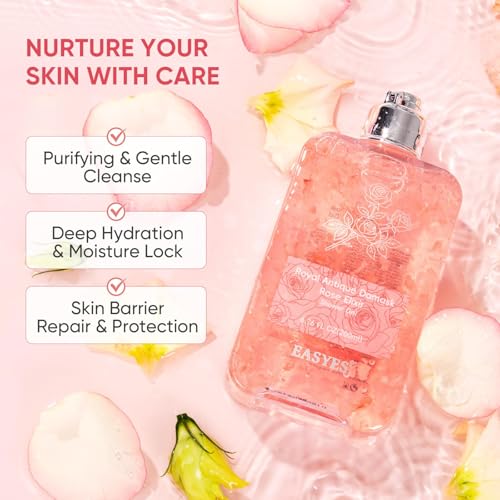 Easyes Rose Essence Body Wash for Women 1 Pack - Damask Rose Shower Gel with Real Petals, Hydrating with Hyaluronic Acid & Coconut Oil, 7 oz