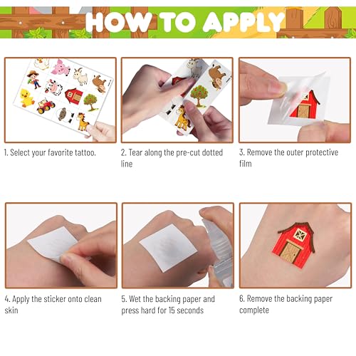 60 Pre-Cut Farm Animal Temporary Tattoos for Kids' Parties