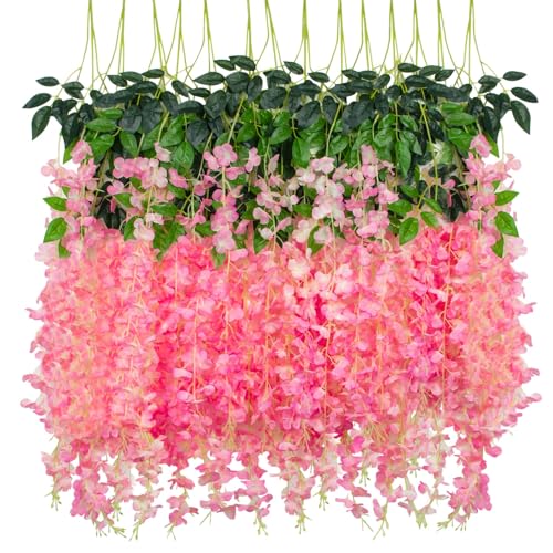 Artificial Wisteria Hanging Flowers - 12 Pack Dark Pink Silk Vines