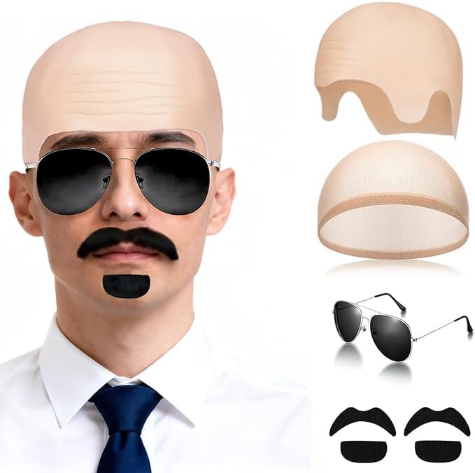 Bald Cap Costume Set - 5 PCS with Glasses & Fake Beard for Halloween Cosplay | Unisex Black