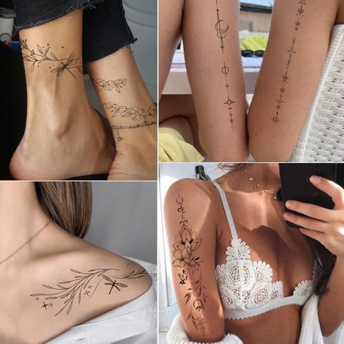 Tazimi 24 Sheets Black Flower Temporary Tattoos for Women & Girls