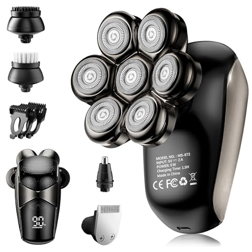 Head Shavers for Bald Men: 5-in-1 Electric Razor with 7D Floating Blades - IPX7 Waterproof Grooming Kit, Detachable Magnetic Head, 90-Min Wet Dry Gifts for Father's Day