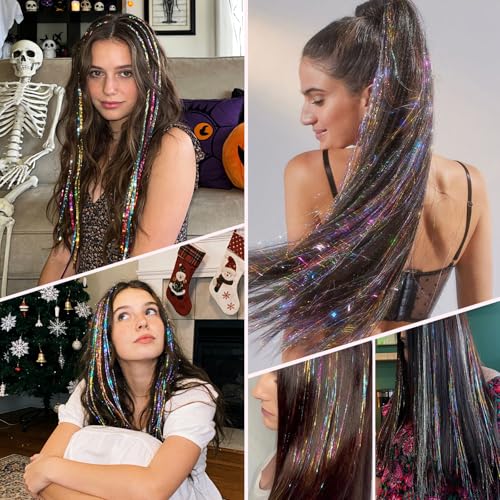 Leuceiy 12 Color 48" Hair Tinsel Kit - 3600 Strands for Sparkling Hair