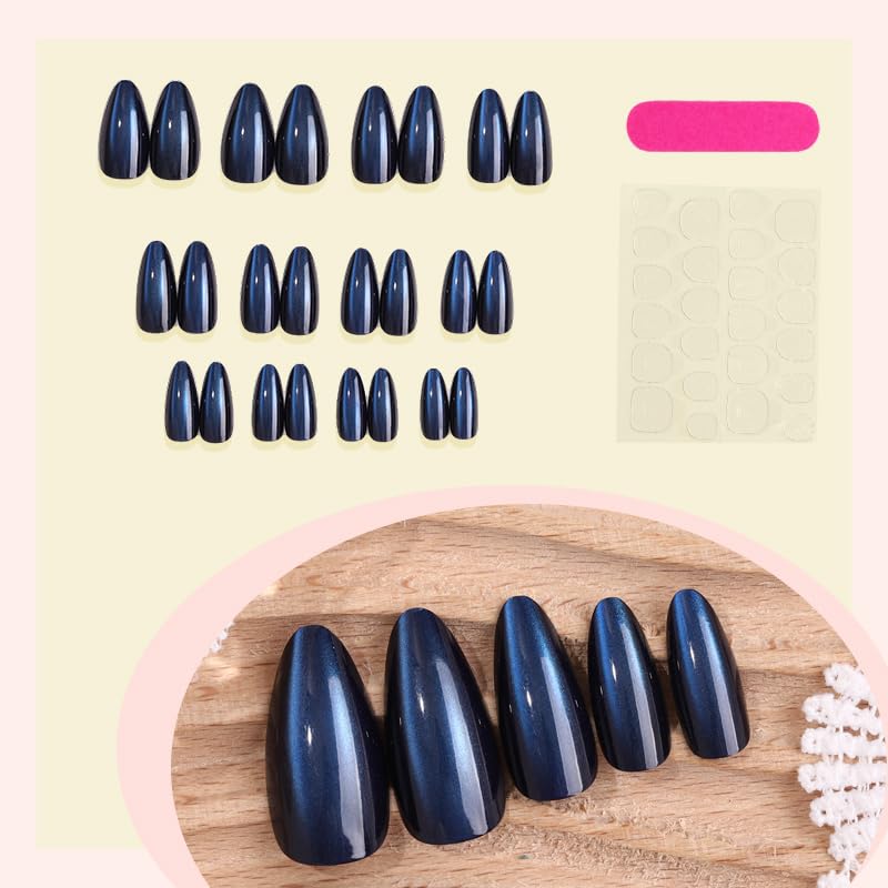 Dark Blue Almond Press On Nails - 24 Pcs Pearl Shimmer French Fake Nails