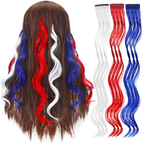 9 Pcs Red, White & Blue Hair Extensions for 4th of July - 18 Inch Patriotic Wigs
