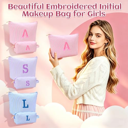 Personalized Initial Makeup Bag Set, Embroidered Letter S Cosmetic Pouch