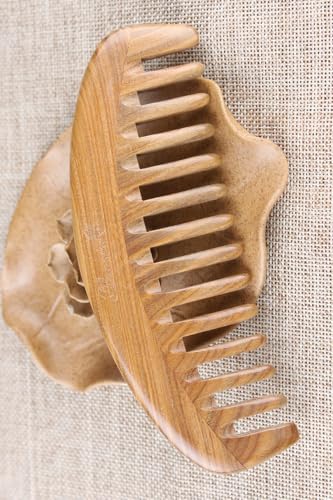 Green Sandalwood Wide Tooth Hair Comb - Handmade Detangling Wooden Comb for Curly Hair
