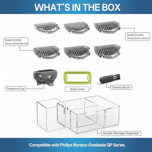 Guards Kit Plus for Philips Norelco OneBlade, 1-6mm Guide Combs, Replacement Body Comb, Protective Cap and Organizer Stand
