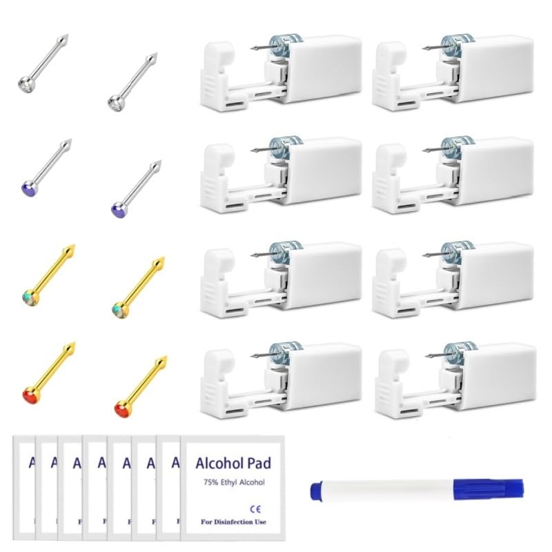 Taojiangyaoyao Nose Piercing Kit - 6 Pieces with 2 Studs & Alcohol Pads (Green+2)